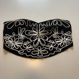 Strapless Black Top with White Floral Applique